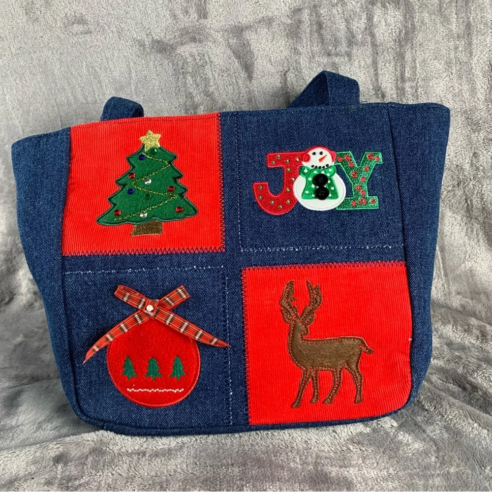 Kim Rogers Denim Tote Bag Christmas Themed Applique Embroidered New With Tag Vtg